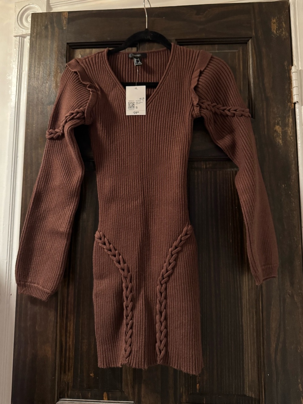 Forever 21 Brown Ribbed V-Neck Sweater Dress with Braided Detail
